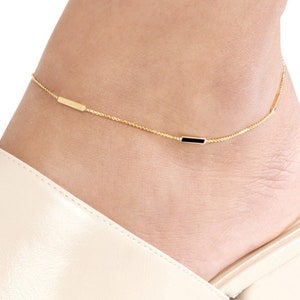 14K Solid Gold Anklet, White Black Neon Pink Turquoise Enamel Bar Chain Anklet, Dainty  Adjustable 14K Real Gold Ankle Bracelet For Women