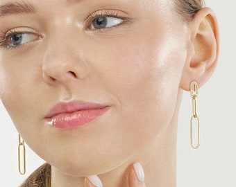 Diamond Paperclip Earrings 14K Solid Gold Paper Clip Chain Stud Earrings, Dainty 14K Real Gold Chain Link Dangle Earrings For Women