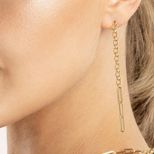 Rolo Chain Link Earrings Real 14K Yellow Solid Gold Long Dangle Drop Chain Earrings For Women, Minimalist Chain Stud Earrings, Gift For Her
