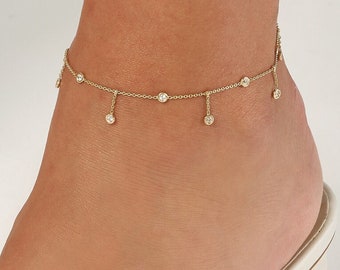 CZ Bezel Drop Anklet 14K Solid Gold Cubic Zirconia Station Chain Anklet, Dainty Adjustable Ankle Bracelet For Women