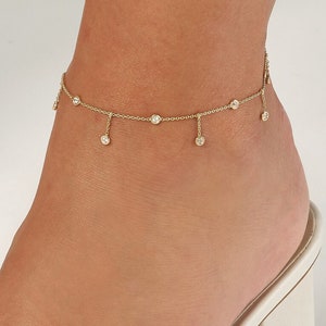 CZ Bezel Drop Anklet 14K Solid Gold Cubic Zirconia Station Chain Anklet, Dainty Adjustable 14K Real Gold Ankle Bracelet For Women
