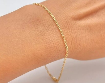 Real 10K or 14K Gold Chain Bracelet, 2.1mm Diamond Cut Cable Link Bracelet, 10K or 14K Stamped, Simple Dainty Gold Bracelet for Women