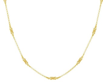 Infinity Station Necklace 14K Solid Yellow Gold Unique Infinity Necklace Rolo Link Chain, Women Delicate Layering Chain Necklace
