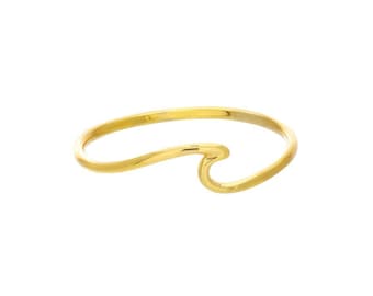 14K Solid Gold Wave Ring, Dainty Minimalist Stacking Ocean Ring For Women