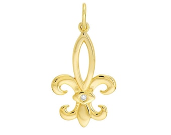 Diamond Fleur De Lis Pendant 14K Solid Yellow Gold Lily Flower Pendant, Women 14K Gold Diamond Pendant Royalty Jewelry