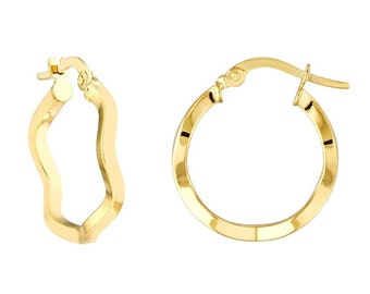 14K Solid Gold Wave Hoop Earrings, Square Tube Hoop Earrings, Geometric Hoops Minimalist Earrings