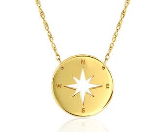 Compass Pendant Travel Necklace 14K Solid Gold North Star Necklace, Nautical Necklace, Adjustable Dainty 14K Real Gold Necklace For Women