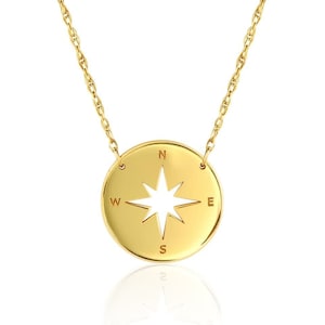 Compass Pendant Travel Necklace 14K Solid Gold North Star Necklace, Nautical Necklace, Adjustable Dainty 14K Real Gold Necklace For Women