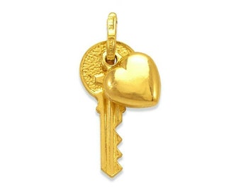 14K Solid Gold Key and Heart Necklace Pendant Charm, Love Bracelet Charm Italy