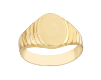 Real 14K Yellow Solid Gold Oval Signet Ring, Engravable Minimalist Pinky Ring Women