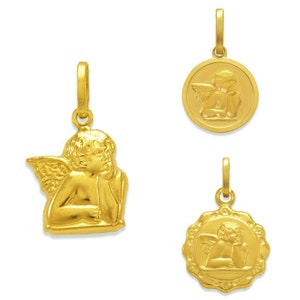 14K Solid Yellow Gold Italy Guardian Angel Necklace Pendant, Angel Medal Coin Pendant, Protection Charm