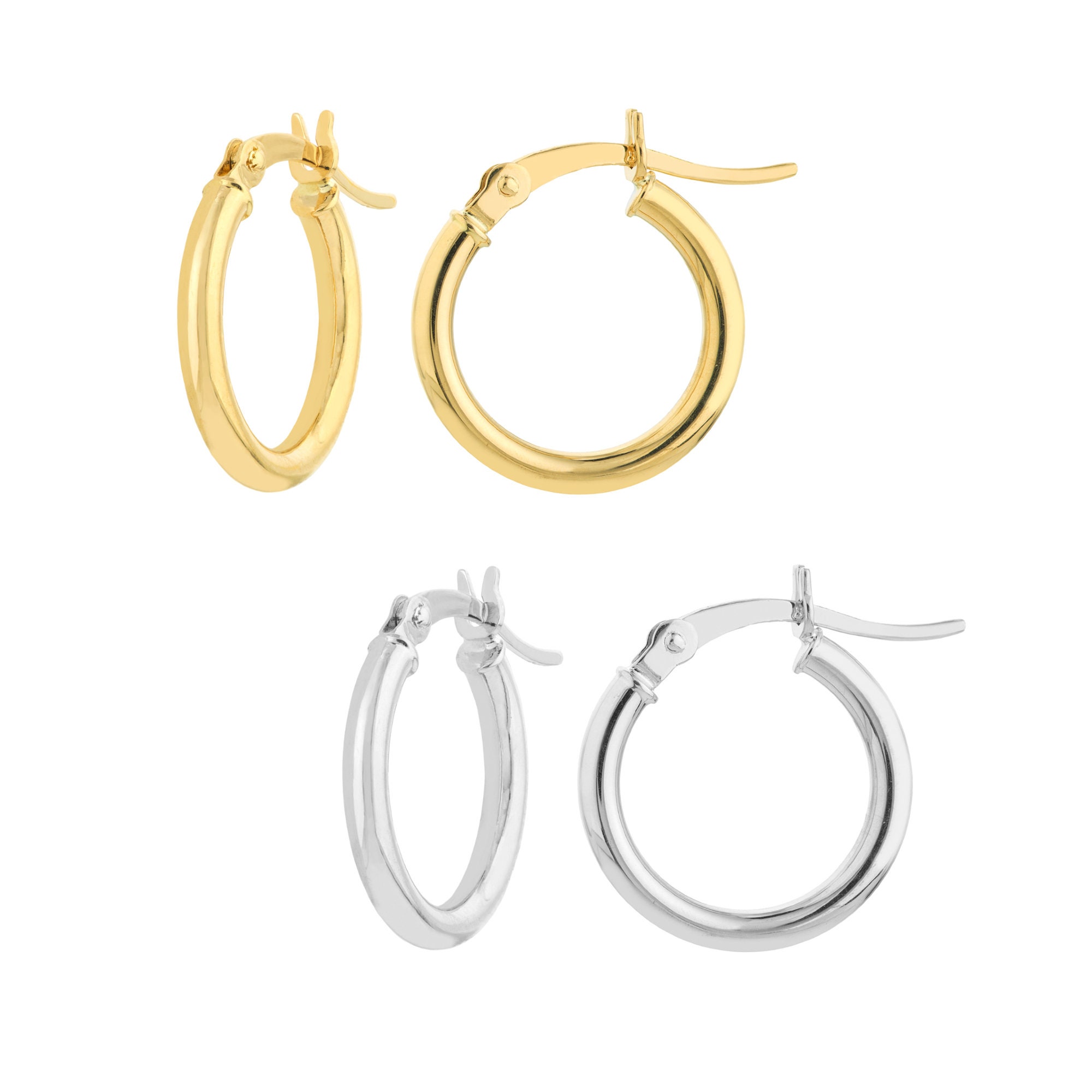 10K Real Gold Hoop Earrings, 10K Yellow White Gold Round Tube Hoop Earrings, Dainty Small Medium Gold Hoops for Women