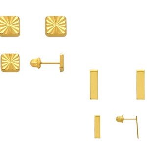 14K Solid Gold Men Women Girls Square Stud Earrings, Bar Earrings, Geometric Earrings, Screw Back Earrings