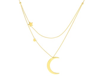 Crescent Moon Necklace 14K Solid Gold Double Star Necklace Half Moon Necklace, Women Adjustable Cable Chain Celestial Layered Necklace