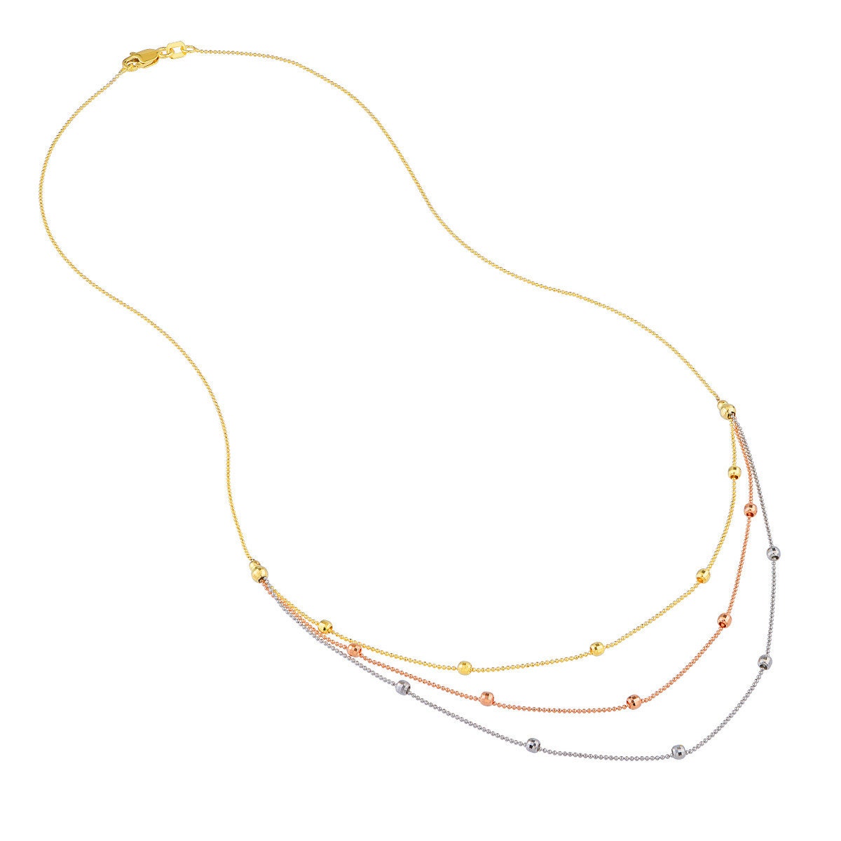 Ball Bead Chain Triple Strand Necklace 14K Solid Yellow