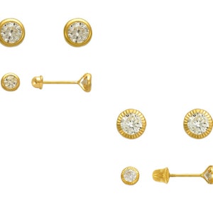 14K Solid Yellow Gold Stud Earrings, Women Kids CZ Circle Bezel Set Earrings, Screw Back Earrings, Minimalist Jewelry, Gift For Her
