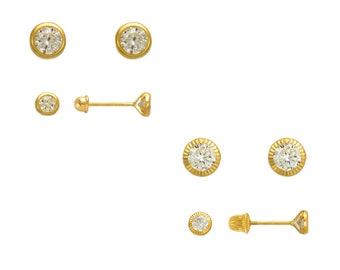 14K Solid Yellow Gold Stud Earrings, Women Kids CZ Circle Bezel Set Earrings, Screw Back Earrings, Minimalist Jewelry, Gift For Her