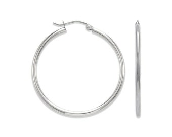 Hoop Earrings 14K White Real Gold, Women Round Tube Hoops, Large Hoop Earrings  2mm, 3mm, 4mm, Gift For Her