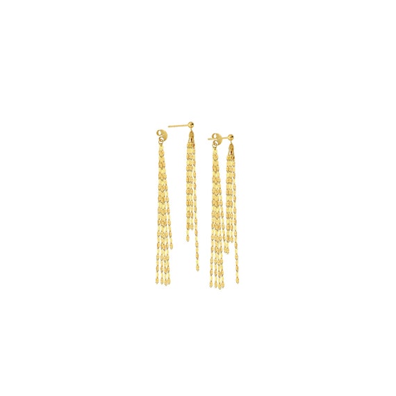 Real 14K Solid Gold Chain Tassel Earrings, Long Dangle Drop Front Back Earrings Ball Studs
