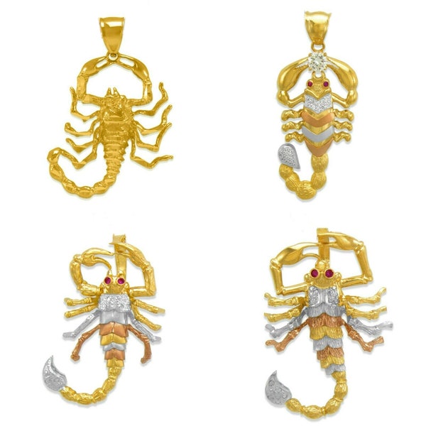 14K Solid Yellow Tricolor Gold CZ Scorpion Pendant, Scorpio Zodiac Necklace Charm