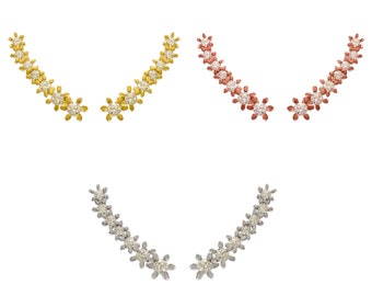 Ear Climbers 14K Solid Yellow White Rose Gold, Women CZ Flower Earrings, Ear Crawler Earrings, Wedding Earrings, Gift For Her