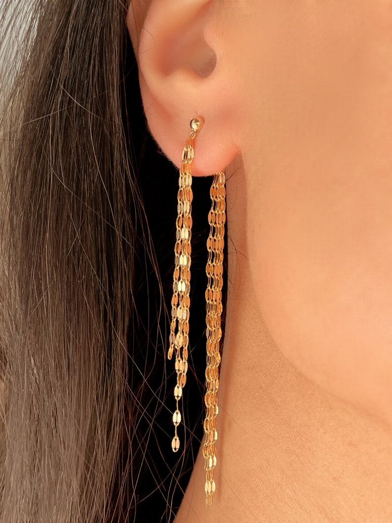 14K Solid Gold dangle earrings with a chain design. The earrings are long and have a delicate, feminine look. Gift For Her, Gift For Wife, Gift For Sister, Birthday Gift, Anniversary Gift.