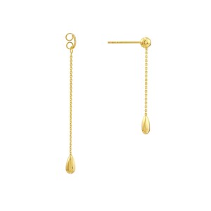 14K yellow gold dainty dangle earrings with a teardrop shaped charm at the end of each chain.