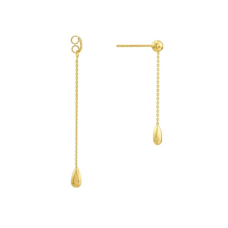 14K yellow gold dainty dangle earrings with a teardrop shaped charm at the end of each chain.