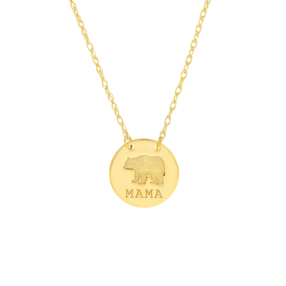 Mama Bear Necklace 14K Solid Gold Engraved Coin Necklace, Mama