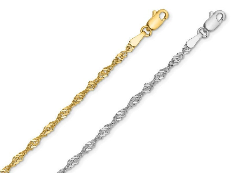 Solid 14K Yellow White Gold Singapore Chain Necklace Women, Thin Gold Chain 0.9-2.5mm Delicate Necklace, Gift For Her