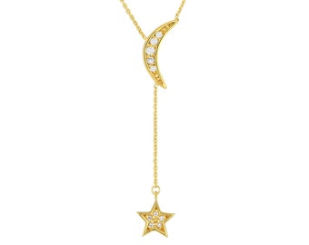 Diamond Star Lariat Necklace 14K Solid Yellow Gold Crescent Moon Necklace, 14K Gold Moon Star Necklace, Women Adjustable Cable Chain