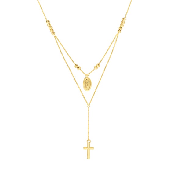 Virgin Mary Necklace Real 14K Solid Gold Cross Pendant Miraculous Medal Rosary Necklace