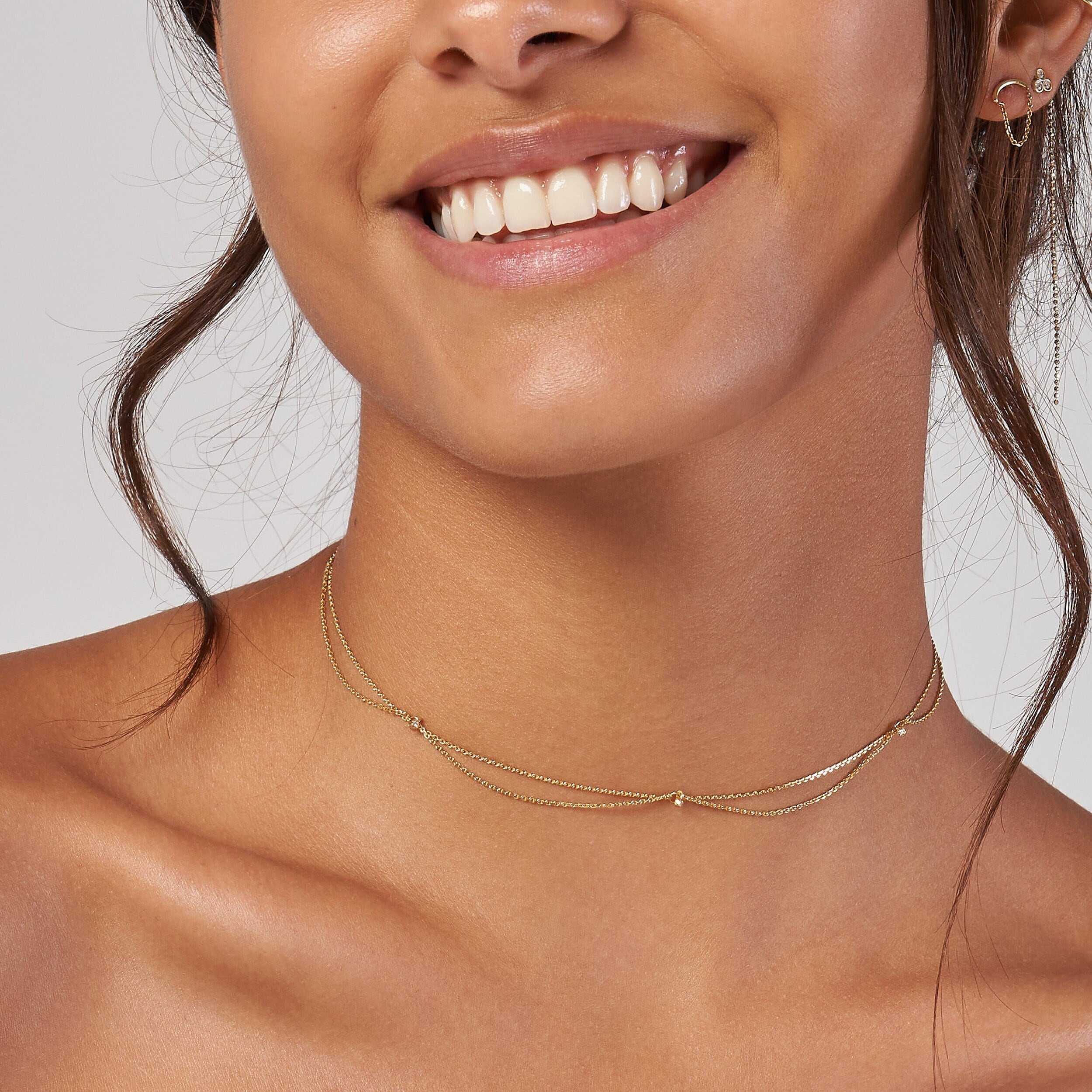 14k Gold Choker Necklace for Women, Layered Short Double Choker