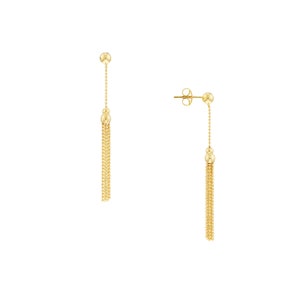 14K Solid Yellow Gold Bead Chain Minimalist Ball Studs Chain Dangle Earrings