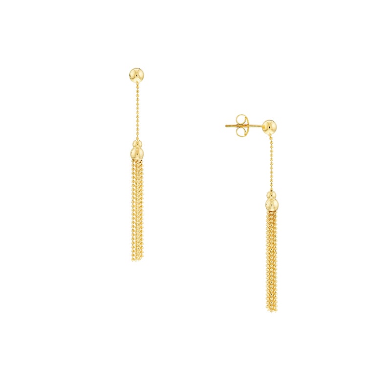 14K Solid Yellow Gold Bead Chain Minimalist Ball Studs Chain Dangle Earrings