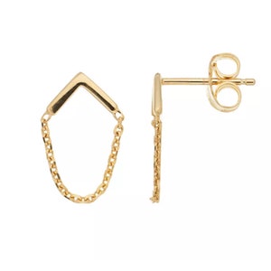 14K Solid Gold Chain Stud Earrings, Chevron Stud Dangle Drop Chain Earrings, Minimalist 14K Yellow Real Gold Push Back Studs, Gift For Her