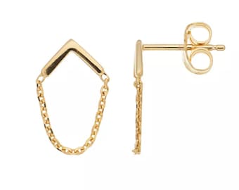 14K Solid Gold Chain Stud Earrings, Chevron Stud Dangle Drop Chain Earrings, Minimalist 14K Yellow Real Gold Push Back Studs, Gift For Her