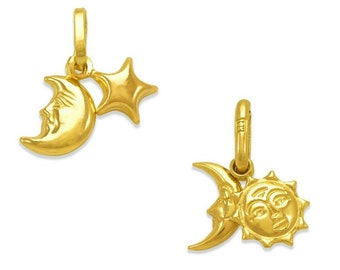 Halskette aus 14-karätigem Gelbgold mit Sonnen- und Halbmond-Anhänger, Anhänger mit Mond- und Sternkette, spirituelles Amulett