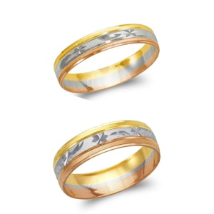 Alliance en or massif 14 carats tricolore, alliance avec étoile filante homme femme 4-6 mm taille 5-11