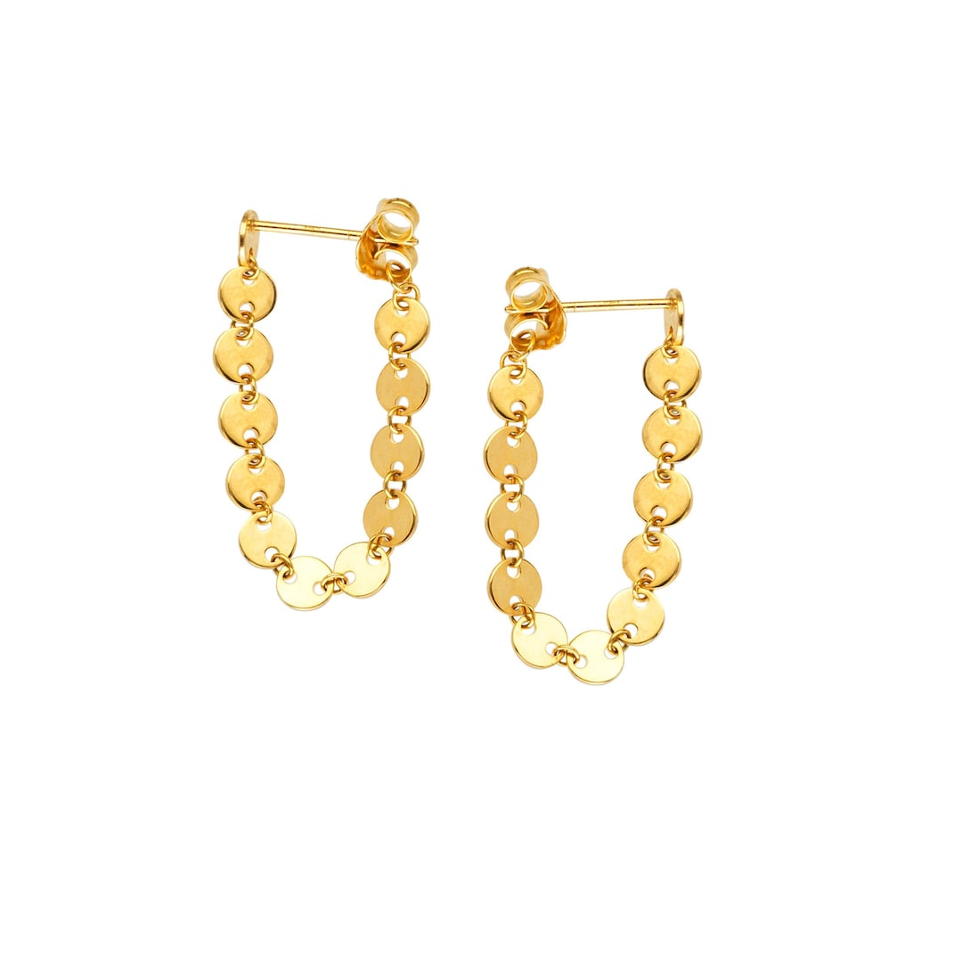 Disc Chain Earrings 14K Solid Yellow Gold Chain Loop Earrings, Women ...