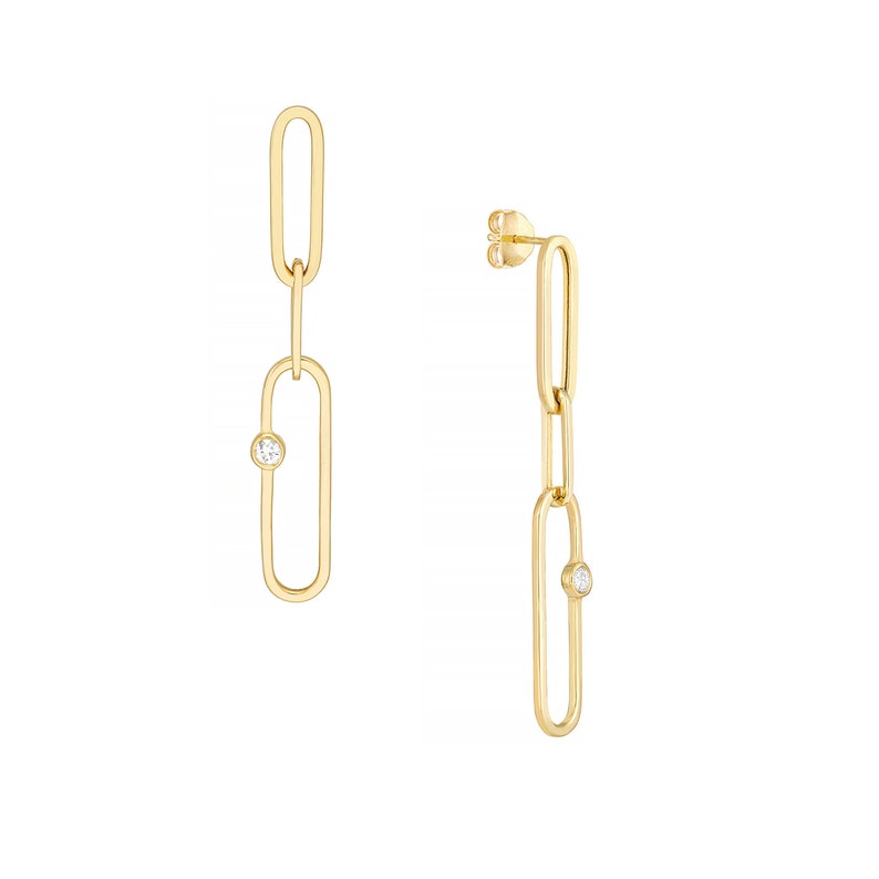 14K Real Gold Earrings For Her, Paperclip Chain Earrings For Women, 14K Solid Gold Earrings For Sister, Diamond Long Link Earrings, Minimalist Paper Clip Earrings, Chain Link Drop Dangle Stud Earrings, Gift For Mom