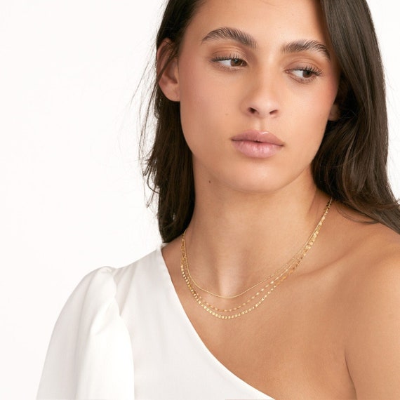 Multi Strand Necklace Real 14K Solid Gold Sparkle Mixed Chain Triple Layered Necklace for Women