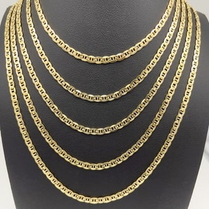 14k real yellow gold flat mariner link chain necklace. Sturdy 3.85mm yellow gold anchor link chain displayed in five sizes: 16 inch sits at the collarbone, 18 inch below the collarbone, 20 inch at upper chest, 22 inch at mid chest, and 24 inch longer layered style. Minimal 14k gold jewelry for men and women.