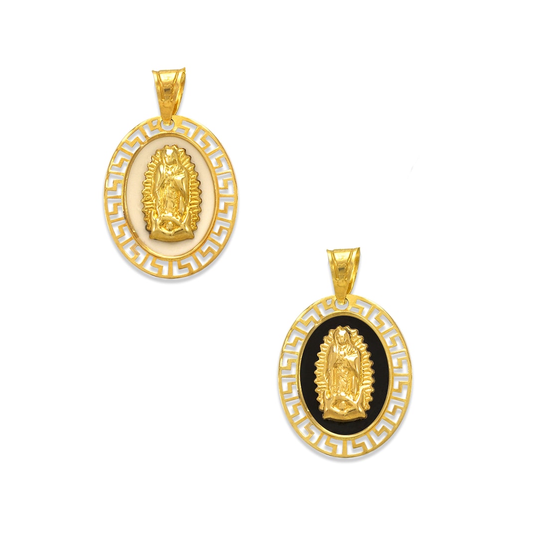 Virgin Mary Pendant 14K Solid Gold White Black Enamel Lady of Guadalupe ...