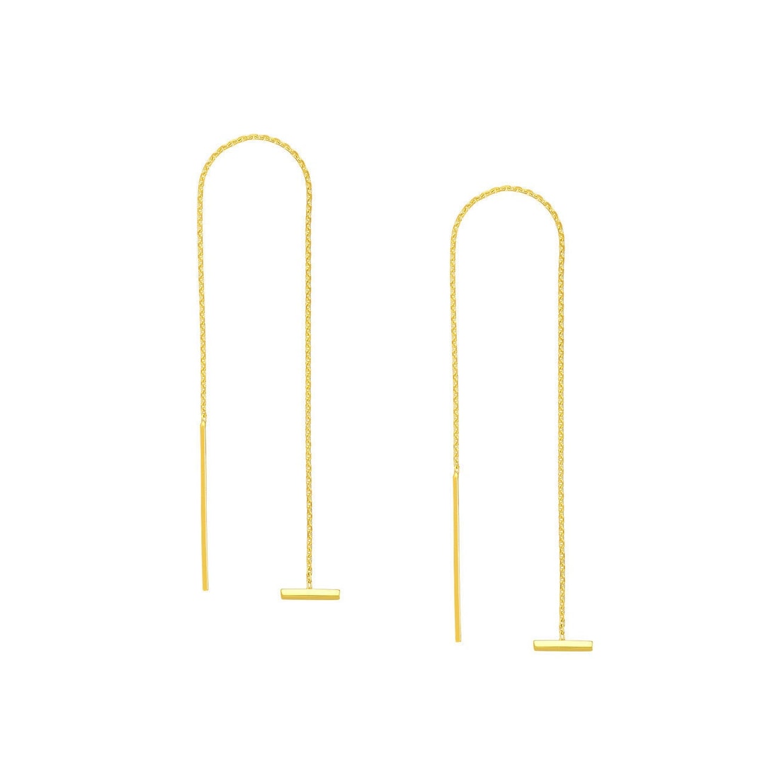 Thread Earring Yellow Bar Threader Earrings 14K Solid Yellow Gold Long Cable Chain Drop ...