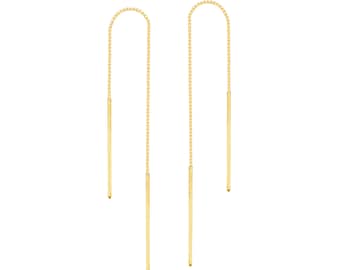Bar Threader Earrings 14K Solid Yellow Gold Bar Drop Dangle Chain Earrings, Women Long Box Chain Earrings, Minimalist Thread Earrings