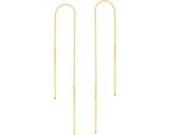 Bar Threader Earrings 14K Solid Yellow Gold Bar Drop Dangle Chain Earrings, Women Long Box Chain Earrings, Minimalist Thread Earrings