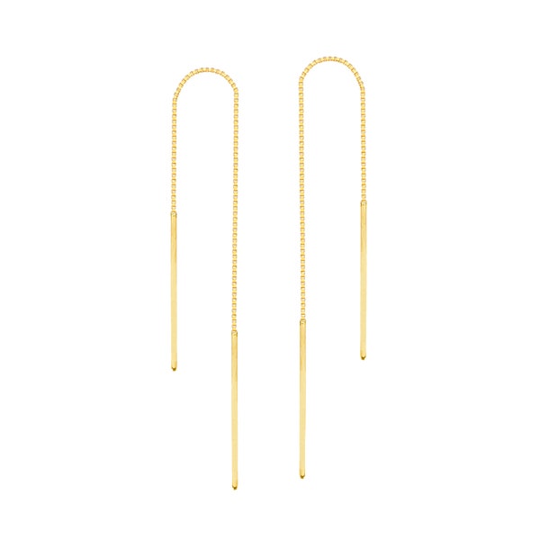 Bar Threader Earrings 14K Solid Yellow Gold Bar Drop Dangle Chain Earrings, Women Long Box Chain Earrings, Minimalist Thread Earrings