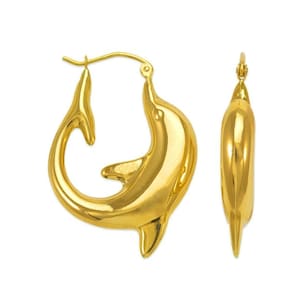 14K Solid Yellow Gold Dolphin Hoop Earrings, Womens Girls Dolphin Earrings, Animal Jewelry, Gift For Her