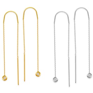 1/20CT Bezel Diamond Threader Earrings 14K Solid Gold, Chain Dangle Earrings, Minimalist Earrings, Dainty Long Threader Earrings